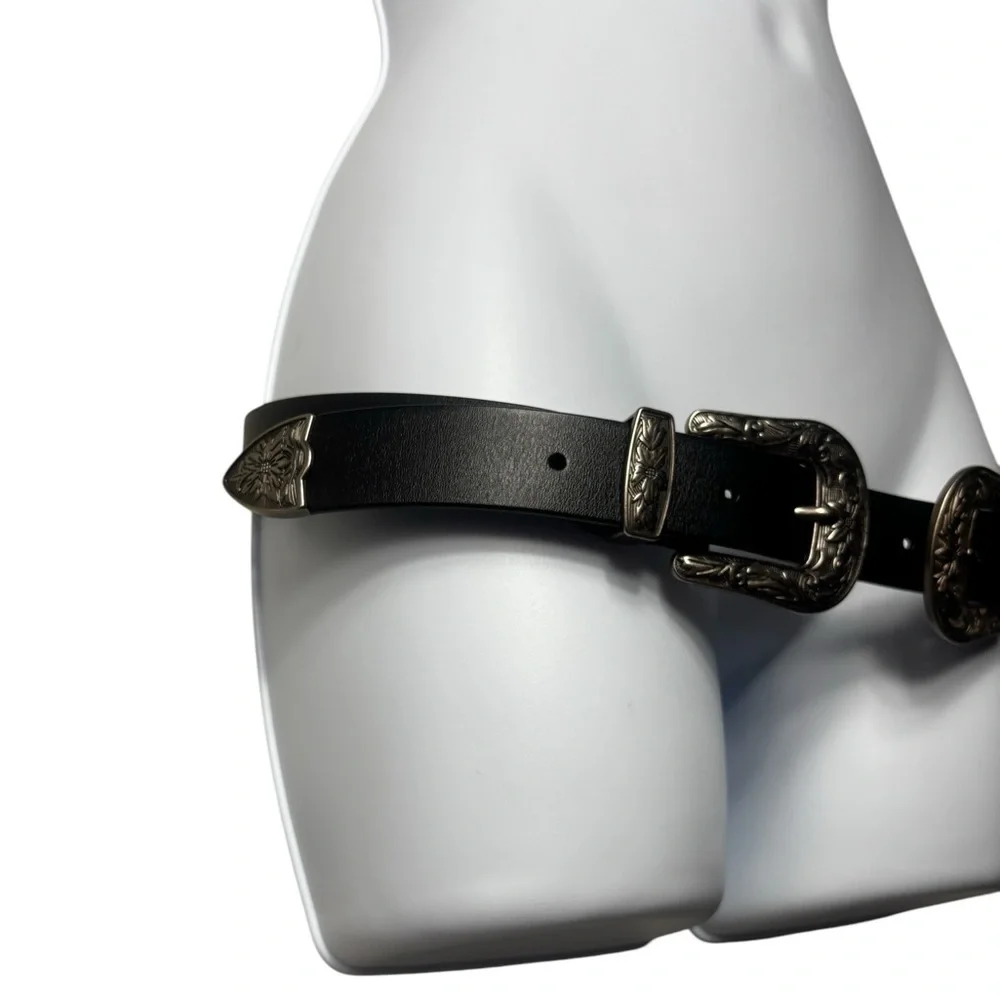 Statement Belt Unbranded Double Buckle Western Belt One Size Black Silver